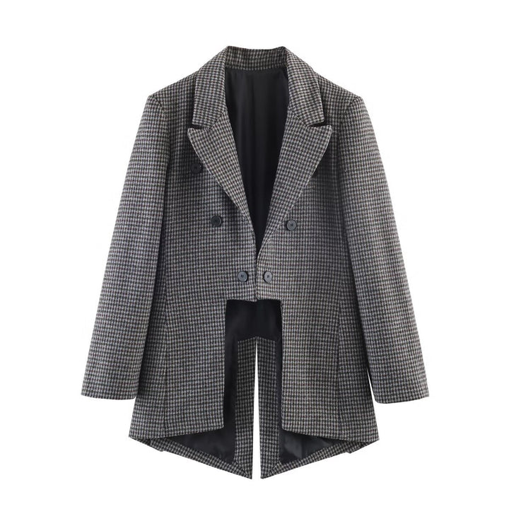 Women Double-breasted Houndstooth Blazer with Cutaway Hem and Vent Mune Fashion