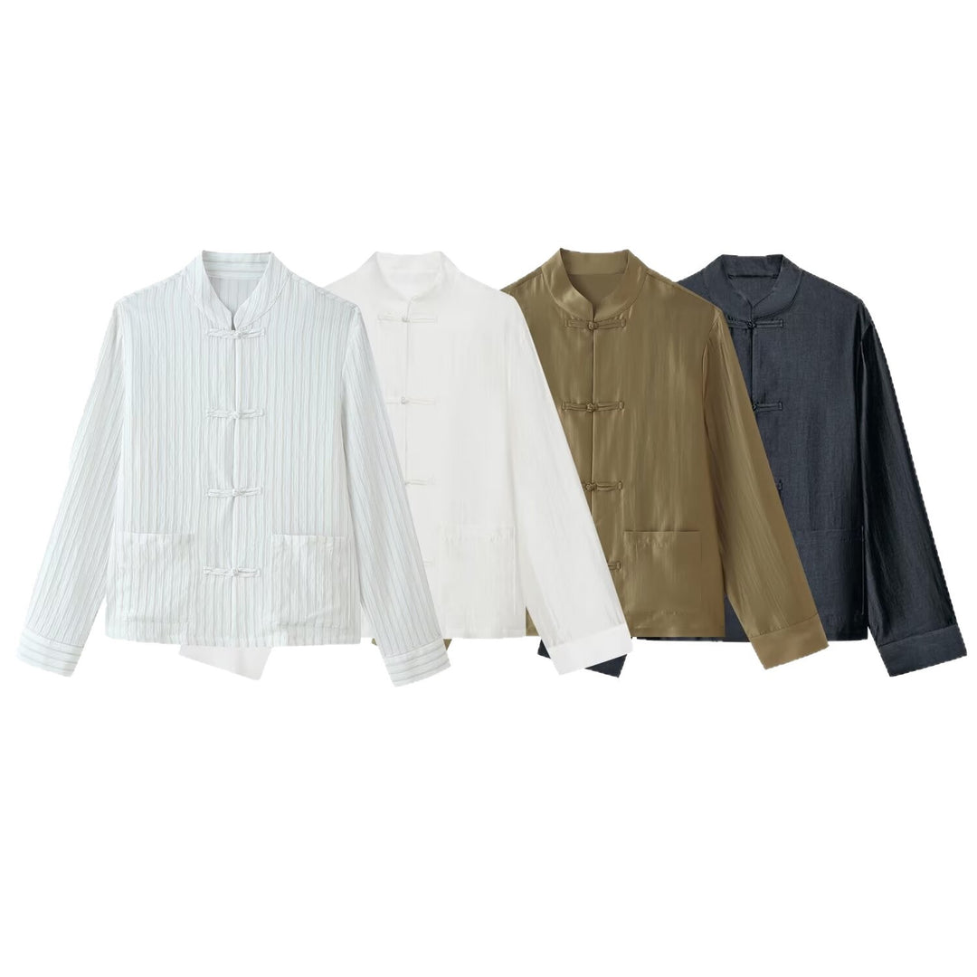 Women's Lightweight Stand Collar Jacket with Traditional Knot Closures Mune Fashion