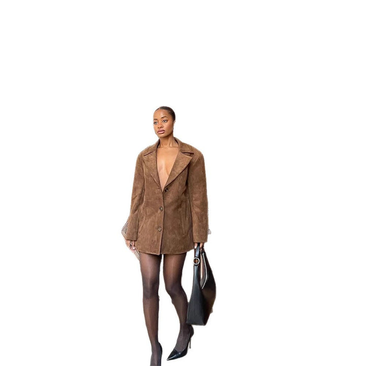 Women Short Suede Blazer Coat with Boxy Oversized Silhouette and Lapel Collar Mune Fashion