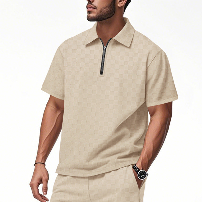 Men's short half-zip polo shirt made of structured waffle piqué with shirt collar and fitted silhouette Mune Fashion