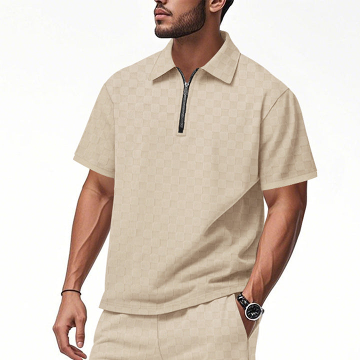 Men's short half-zip polo shirt made of structured waffle piqué with shirt collar and fitted silhouette Mune Fashion