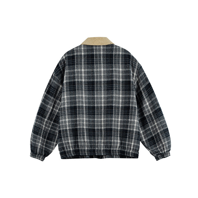 Unisex Checkered Boxy Over Shirt Jacket with Corduroy Collar, Concealed Zipper and Patch Flap Pockets Mune Fashion