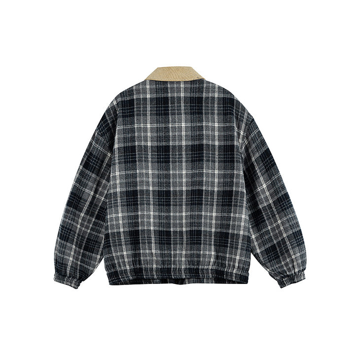 Unisex Checkered Boxy Over Shirt Jacket with Corduroy Collar, Concealed Zipper and Patch Flap Pockets Mune Fashion