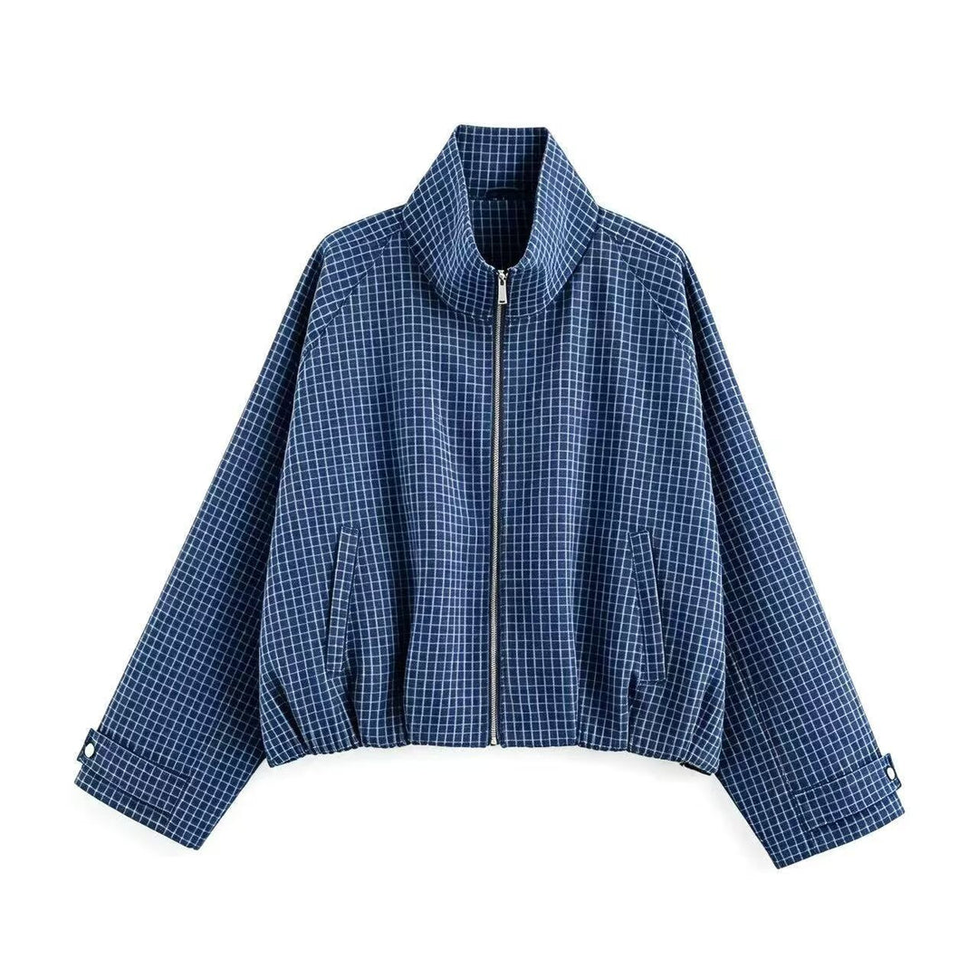 Women's Cropped Transition Jacket with High Funnel Collar, Check Pattern and Elastic Hem Mune Fashion