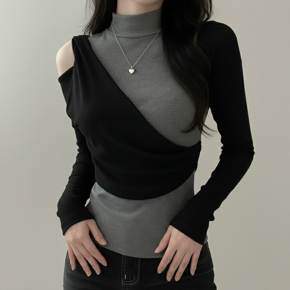Women's Asymmetric Long Sleeve Top with Stand-Up Collar, Cut-Out Shoulder and Layered Look Mune Fashion