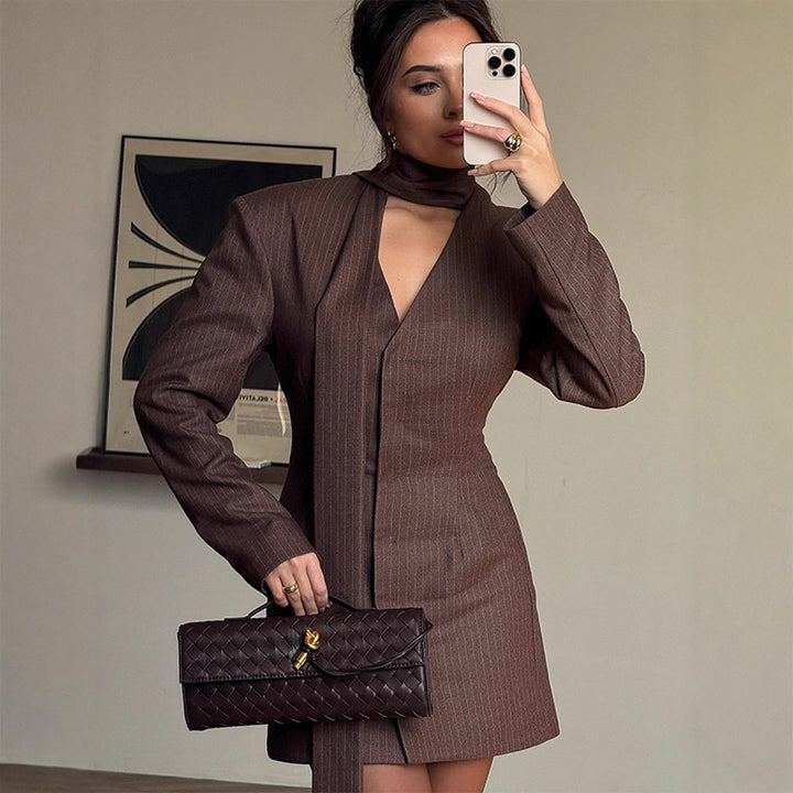 Women Pinstripe tailored blazer dress with sculpted shoulder and integrated tie collar Mune Fashion