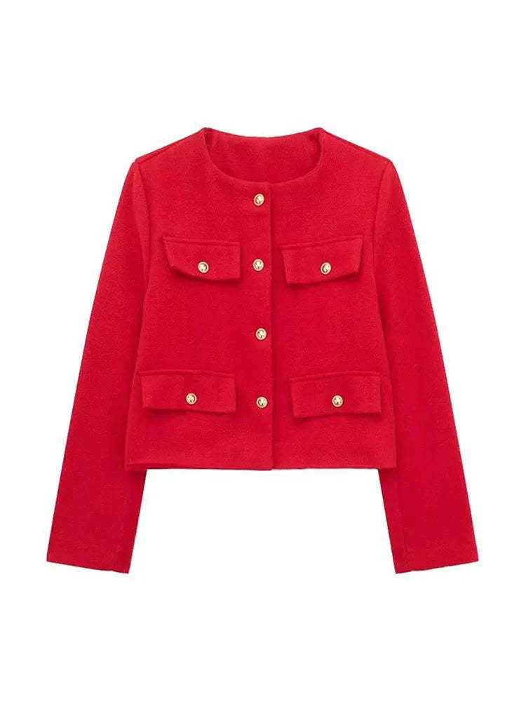 Women's short jacket in bouclé style with round neckline, decorative buttons, and patch pockets.