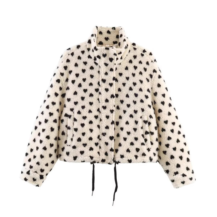 Women's Lined Teddy Jacket with Heart All-Over, Stand Collar and Drawstring Mune Fashion
