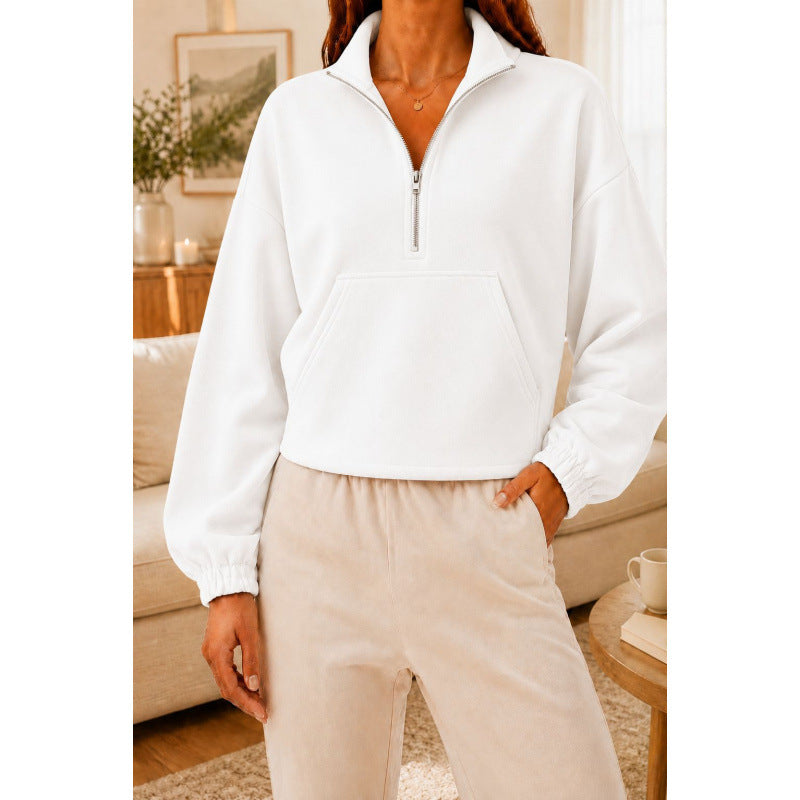 Women's Short Cut Sweatshirt Sweater with Half Zipper and Kangaroo Pocket Mune Fashion