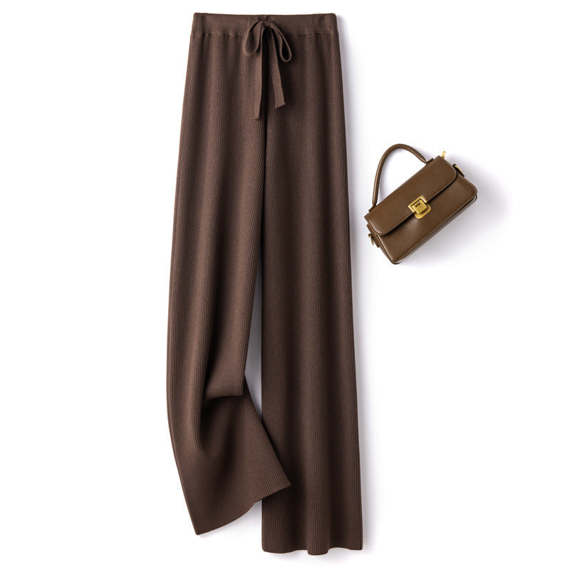 Women’s Wide Ribbed Knit Pants with Drawstring and Flowing Palazzo Silhouette Mune Fashion