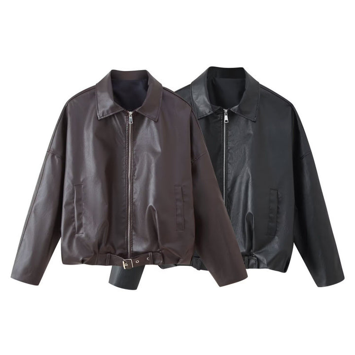 Unisex Oversize Faux Leather Jacket with Zip Shirt Collar and Waist Belt Mune Fashion