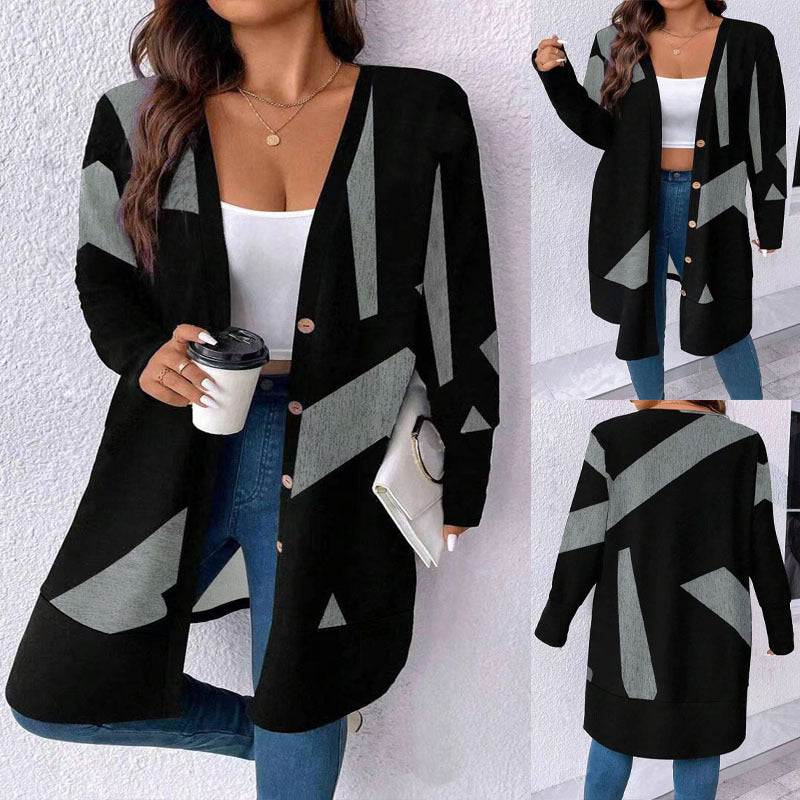 Women's Oversize Knit Cardigan with Geometric Print, Button Placket and Patch Pockets Mune Fashion