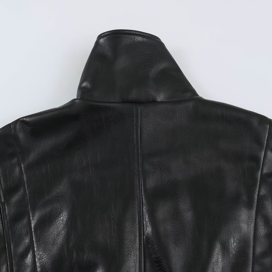 Women's Oversized Leather Look Blouson Jacket with Stand-up Collar and Elastic Hem Mune Fashion