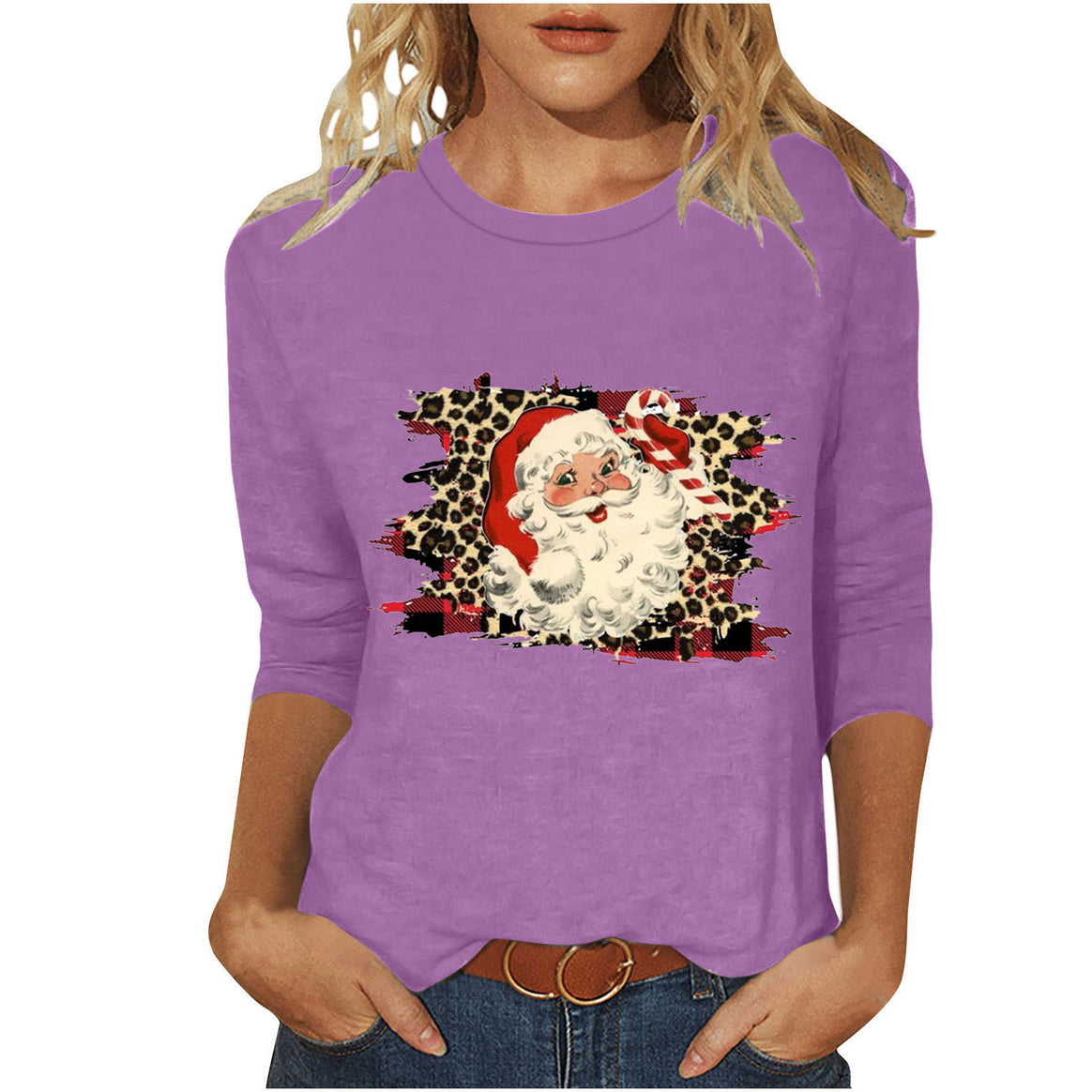 Women's casual sweatshirt with retro Santa print, leopard and check pattern, and three-quarter sleeves Mune Fashion