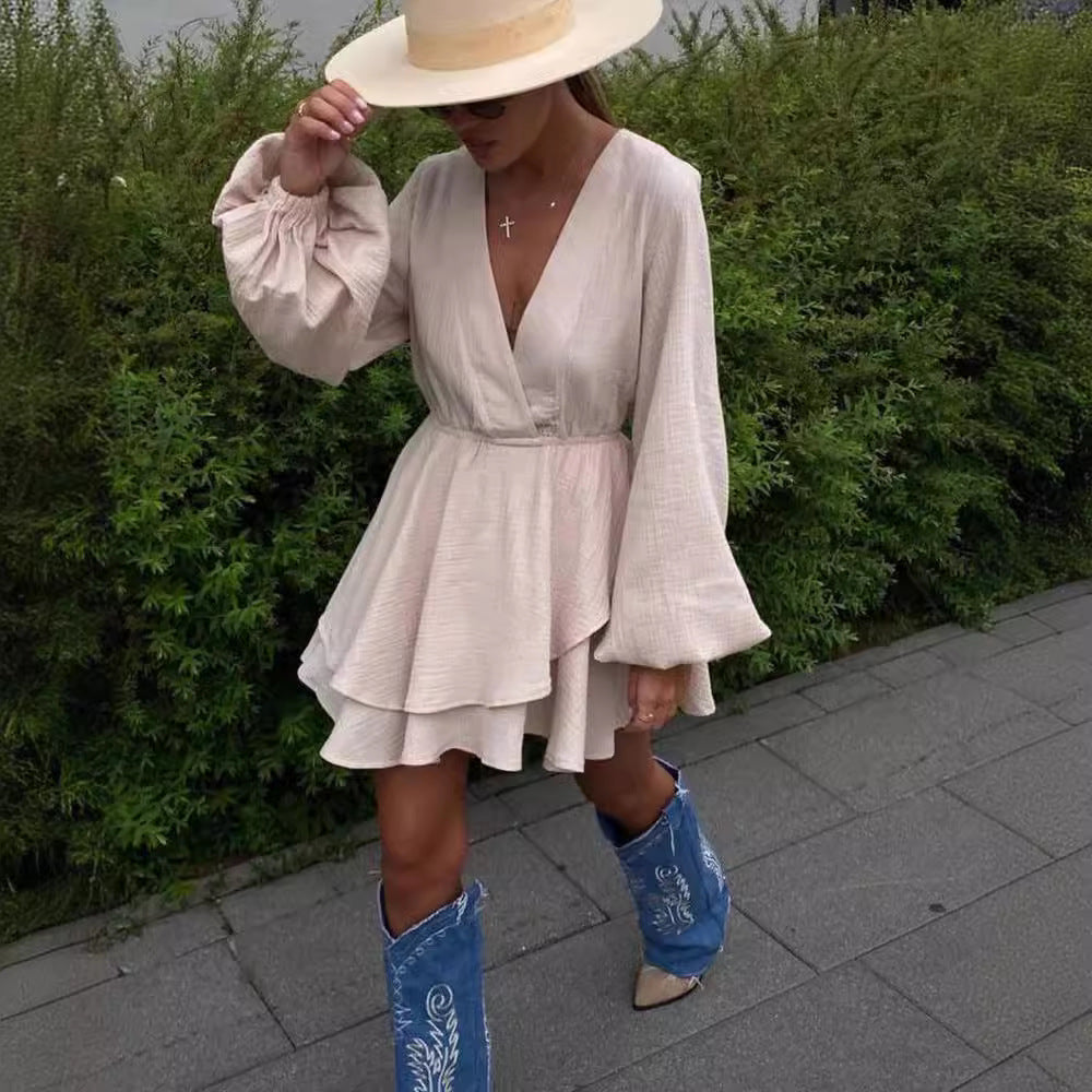 Women's Airy Wrap Dress with Ruffle Layers and Balloon Sleeves Mune Fashion