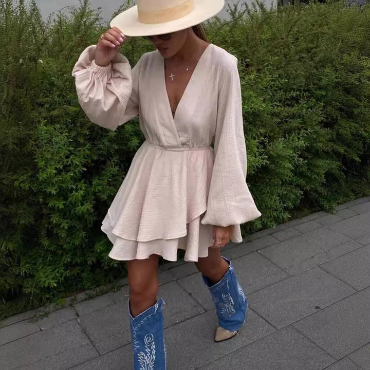 Women's Airy Wrap Dress with Ruffle Layers and Balloon Sleeves Mune Fashion