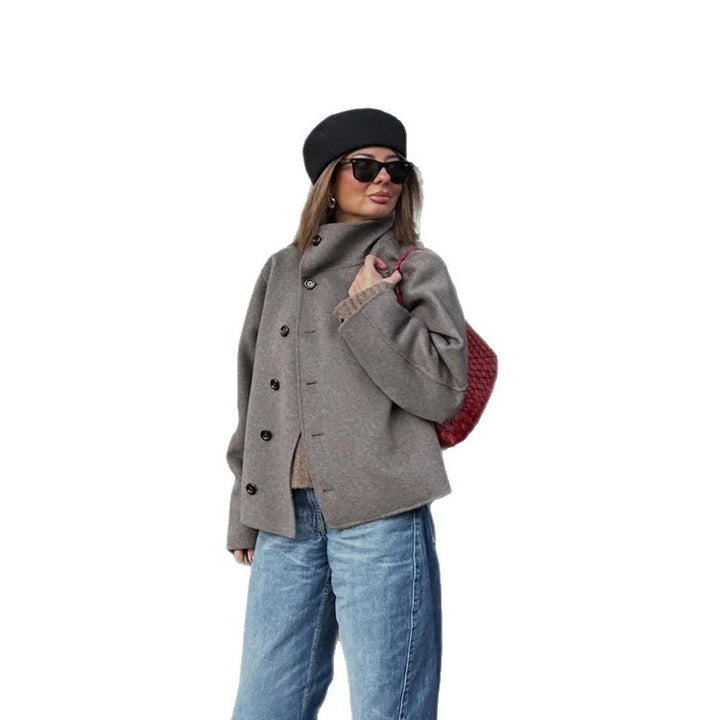 Women's Short Wool Blend Coat with Asymmetrical Button Placket and High Standing Collar Mune Fashion