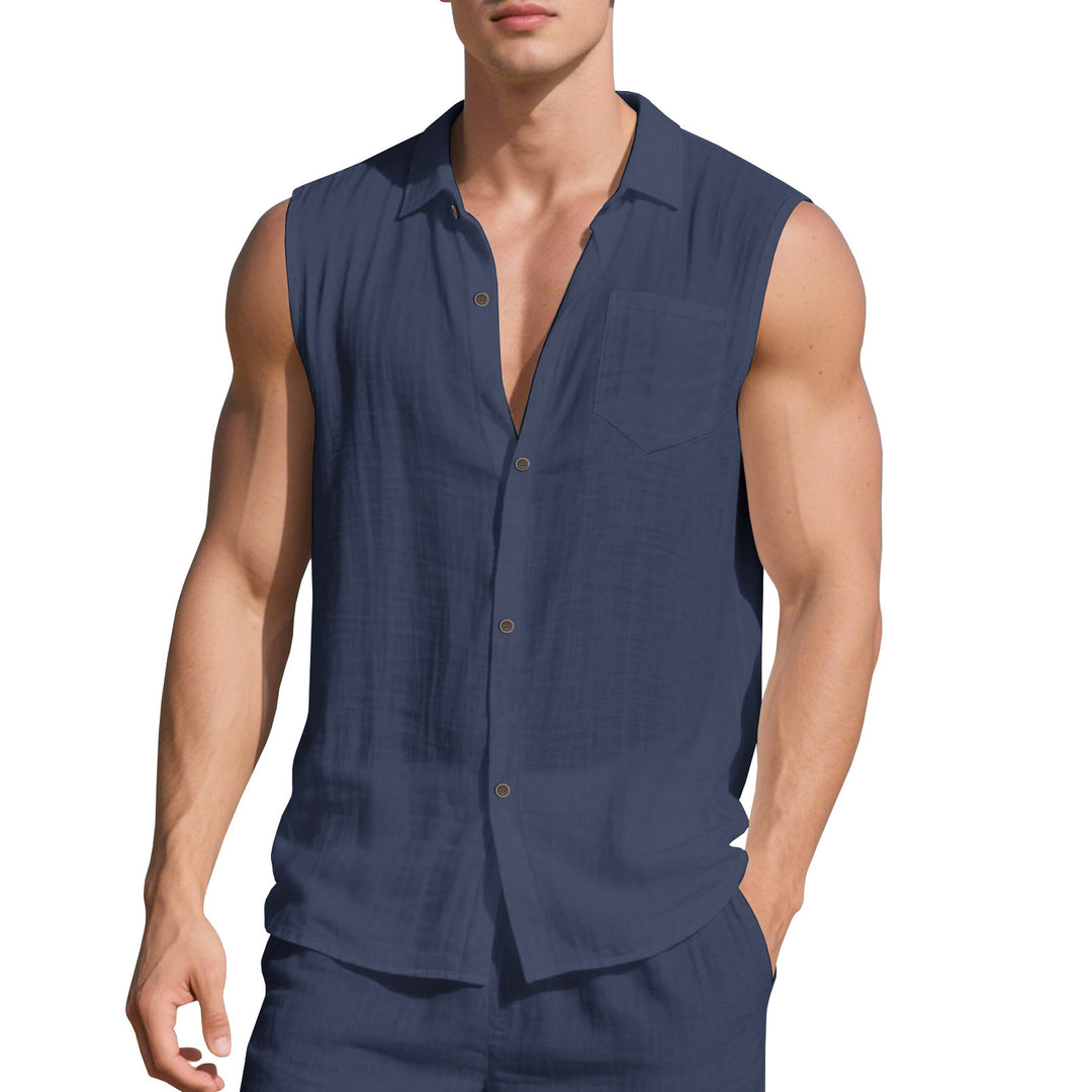 Men's sleeveless linen shirt with lapel collar, chest pocket and continuous button placket Mune Fashion