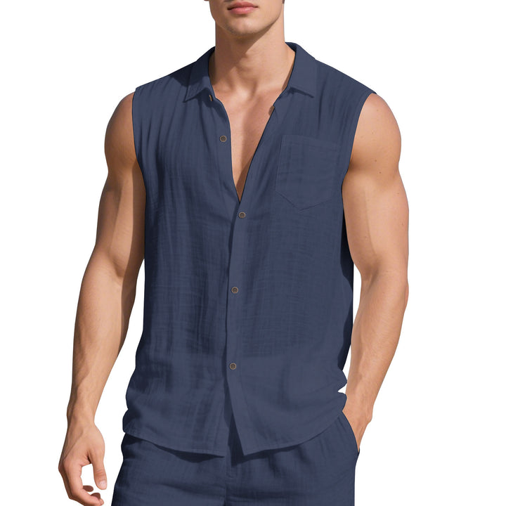 Men's sleeveless linen shirt with lapel collar, chest pocket and continuous button placket Mune Fashion