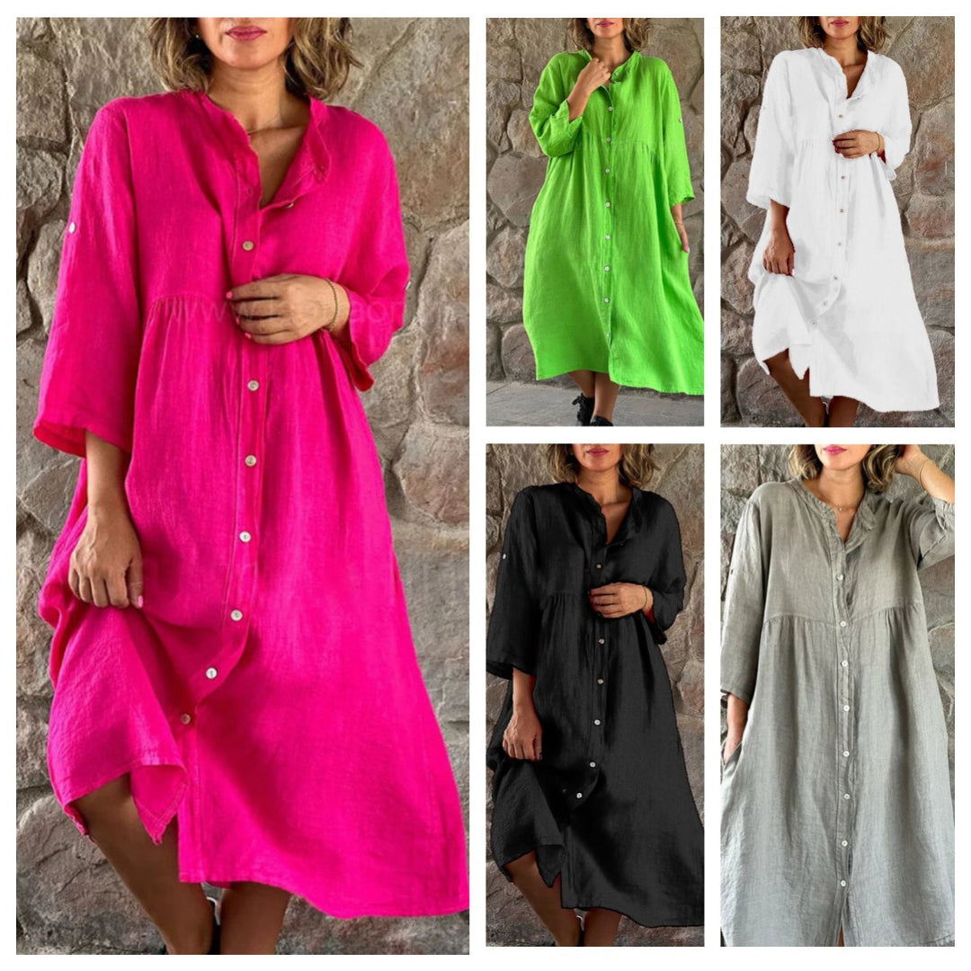 Women's Loose Midi Dress in Linen Blend with Continuous Button Placket and Side Pockets Mune Fashion