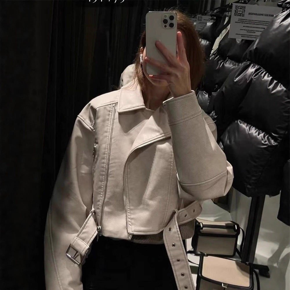 Women Short-Cut Biker Jacket Made of Faux Leather with Waist Belt Mune Fashion