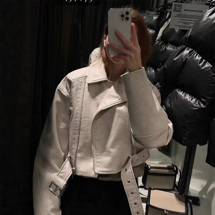 Women Short-Cut Biker Jacket Made of Faux Leather with Waist Belt Mune Fashion