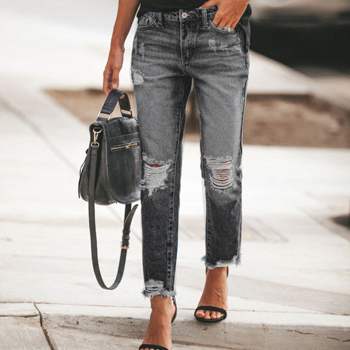 Women's Ripped Denim Jeans with Casual Cut and Frayed Hem Mune Fashion