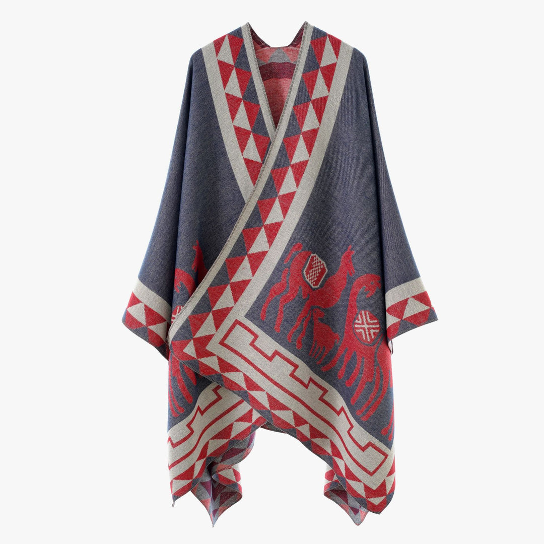Women's Jacquard Poncho with Riding Motif and Geometric Border Pattern Mune Fashion