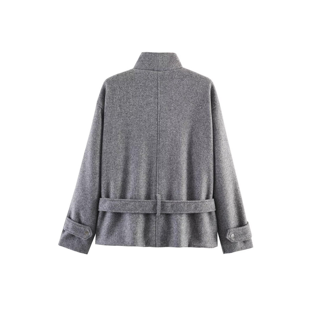 Ladies Short Wool Blend Transitional Jacket with Waist Belt and Stand-Up Collar Mune Fashion