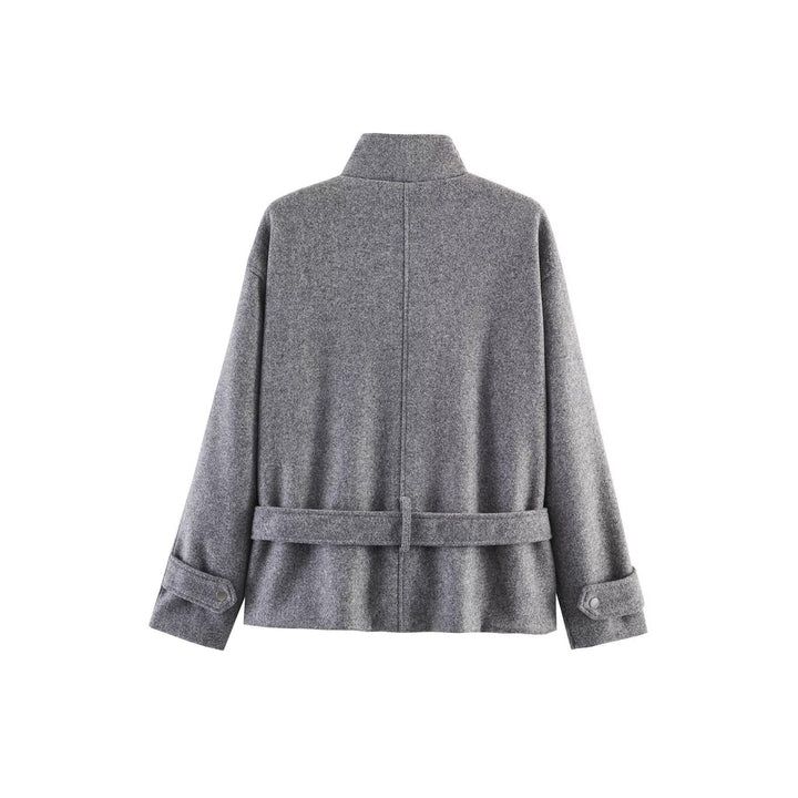 Ladies Short Wool Blend Transitional Jacket with Waist Belt and Stand-Up Collar Mune Fashion