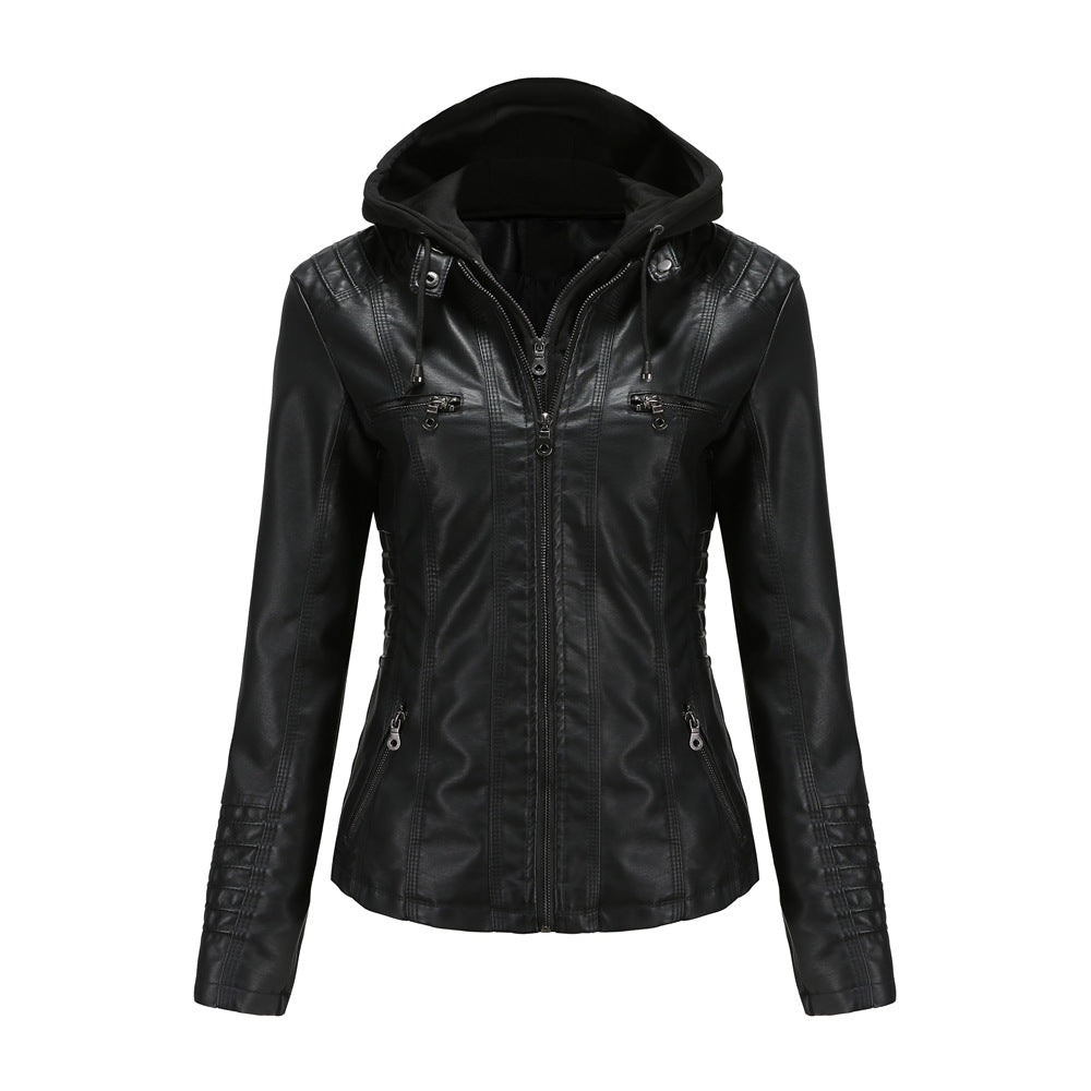 Women nan tailored faux leather jacket with hood, quilted arm flap and concealed zipper pockets Mune Fashion