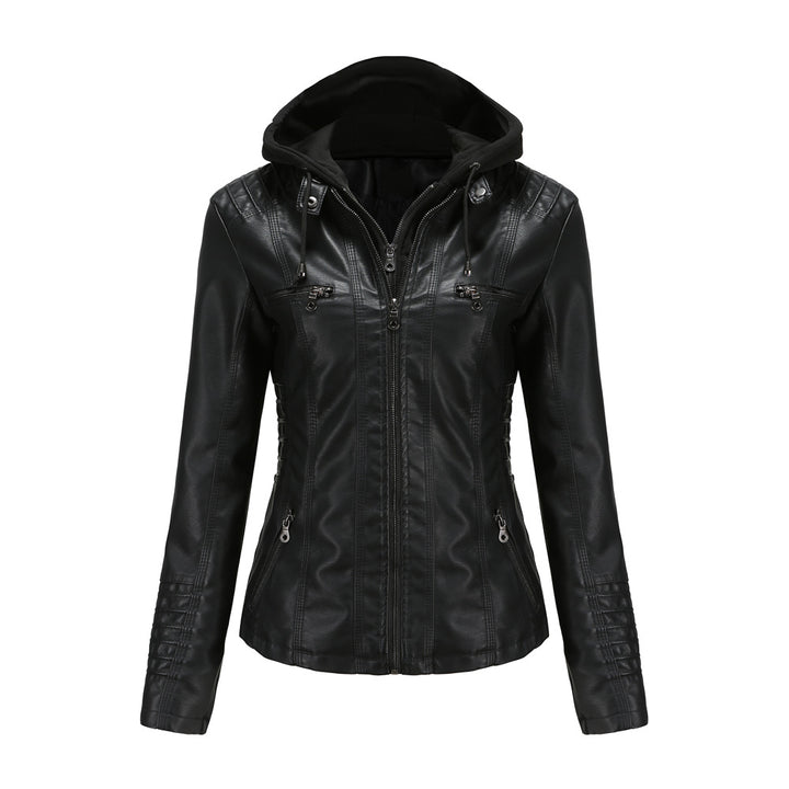 Women nan tailored faux leather jacket with hood, quilted arm flap and concealed zipper pockets Mune Fashion