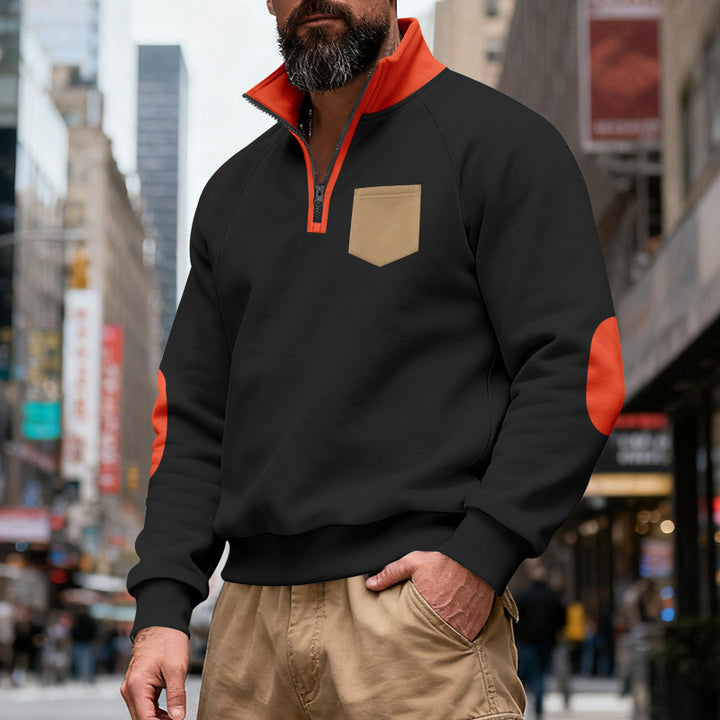Men's Nan Quarterzip Sweatshirt with Stand-Up Collar, Contrasting Zipper, Elbow Patches, and Chest Pocket Mune Fashion