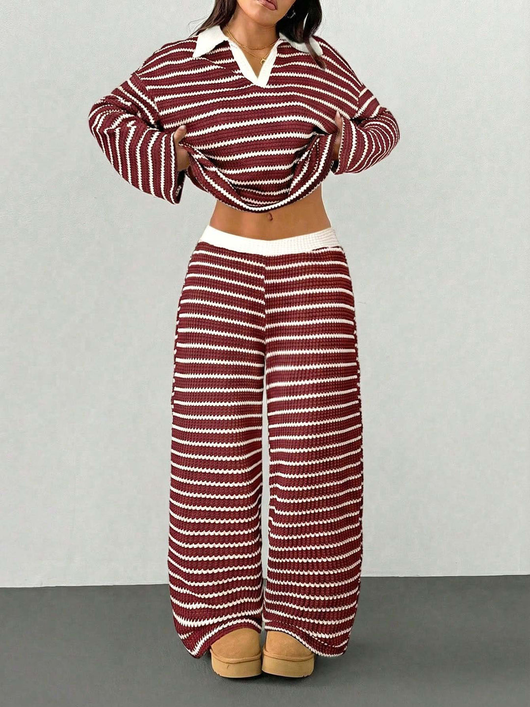Women's Knitted Loungewear Set with Polo V Neck, Bell Sleeves, and Wide High-Cut Trouser Leg Mune Fashion