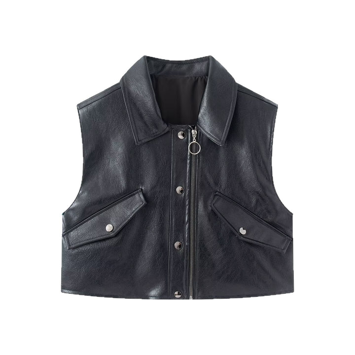 Women's Cropped Utility Vest in Leather Look with Collar, Ring Zipper, and Attached Flap Pockets Mune Fashion