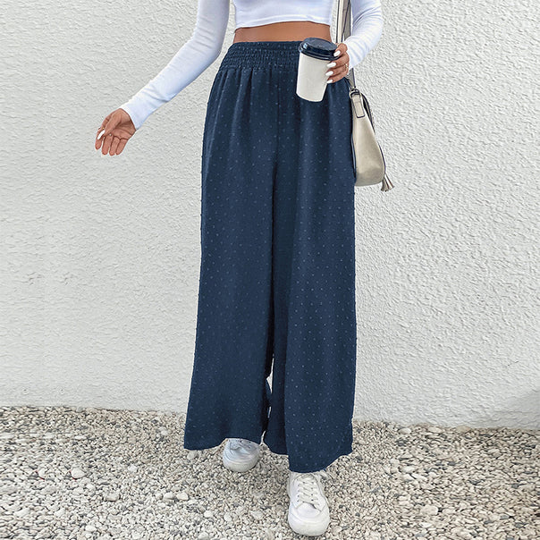 Women's Wide Lightweight Maxi Pants with Elastic Waistband, Structured Dot Texture and Side Pockets Mune Fashion
