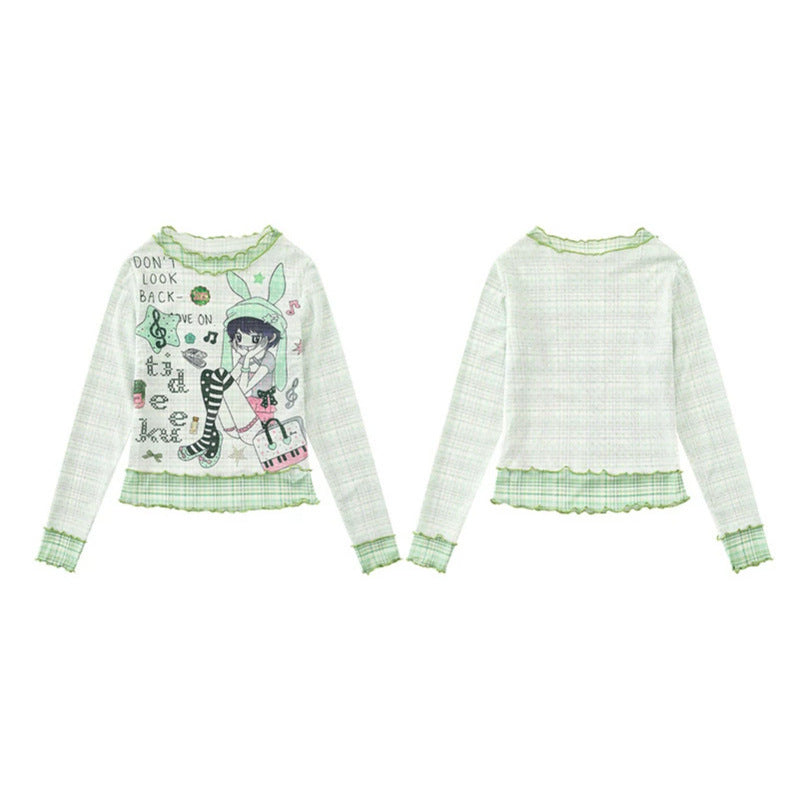Women's Transparent Mesh Long Sleeve Shirt with Manga Print, Ruffle Hem and Check Cuffs Mune Fashion