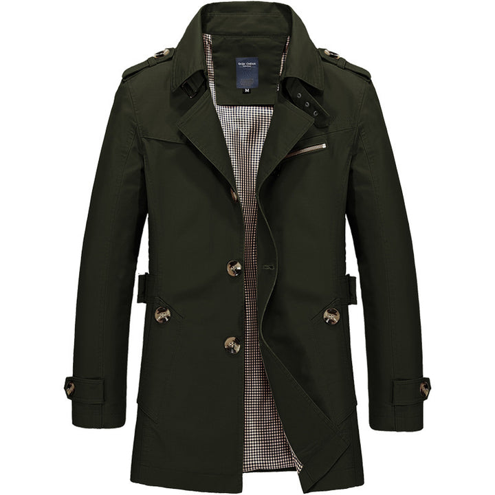 Men's Short Double-Breasted Trench Coat with Lapel Collar, Epaulets and Checked Lining Mune Fashion