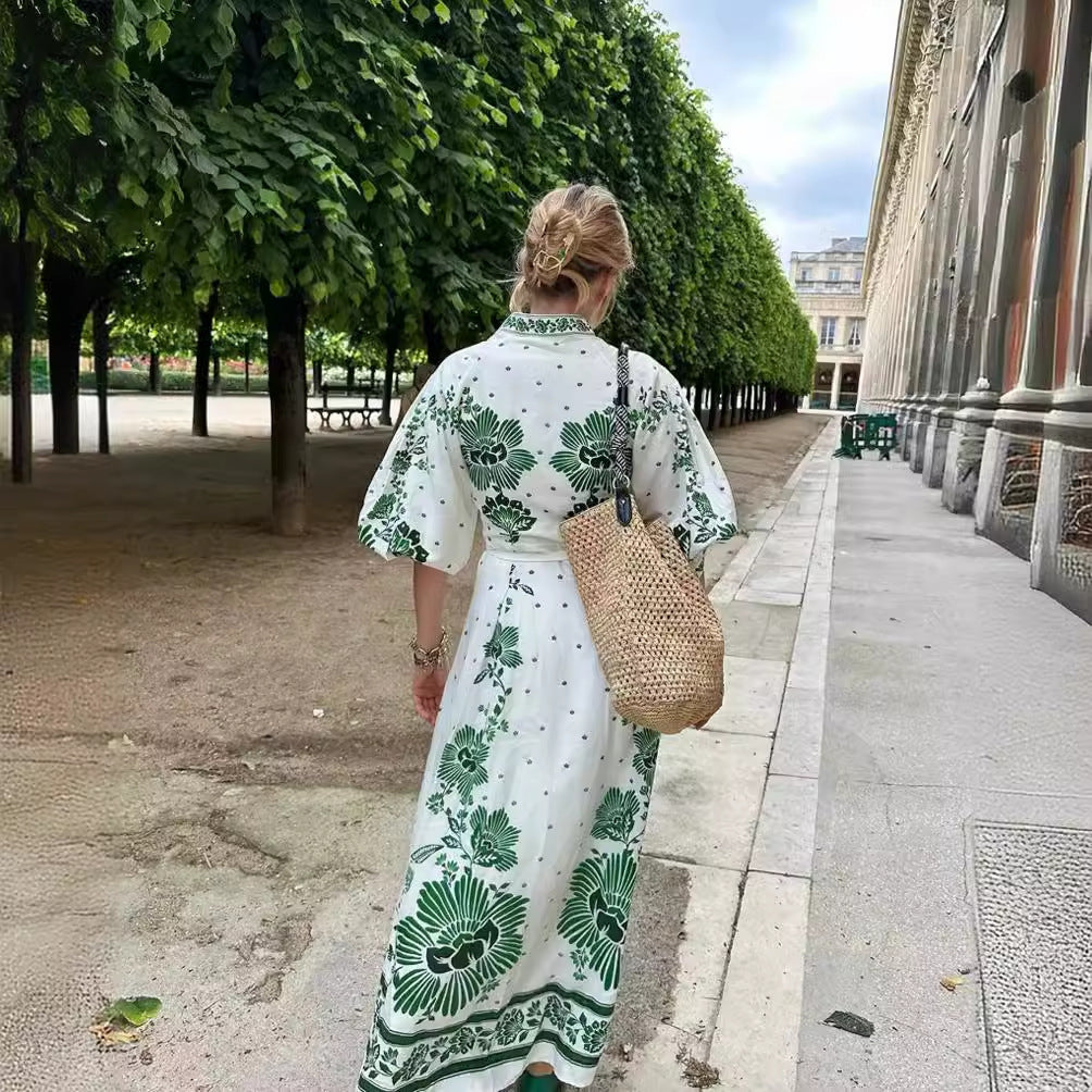 Women’s maxi dress in boho shirt style with stand-up collar and full button placket Mune Fashion