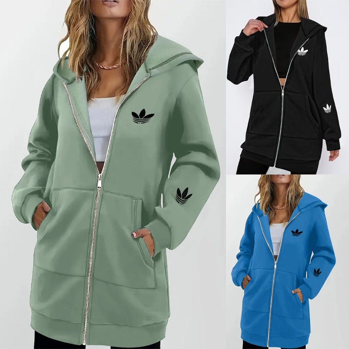 Women's Long Hooded Sweat Jacket with Metal Zipper, Kangaroo Pockets and Figure-Flattering Silhouette Drune