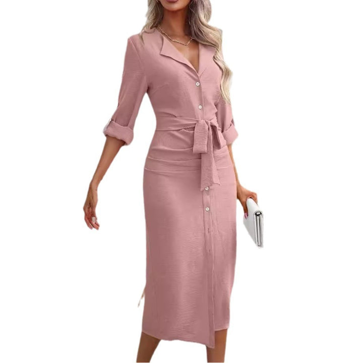 Women Tailored Shirt Blouse Midi Dress with Ties Belt, Full Button Placket and Three-Quarter Sleeves Mune Fashion