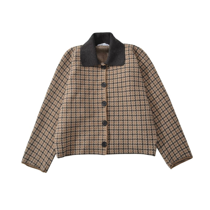 Ladies Short-Cut Check Transitional Jacket with Boxy Silhouette and Contrast Collar Mune Fashion