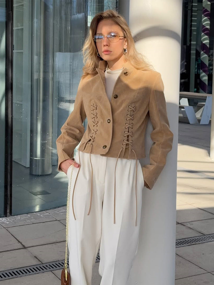 Women's short blazer made of suede with a fitted lace-up corset and stand-up collar Mune Fashion