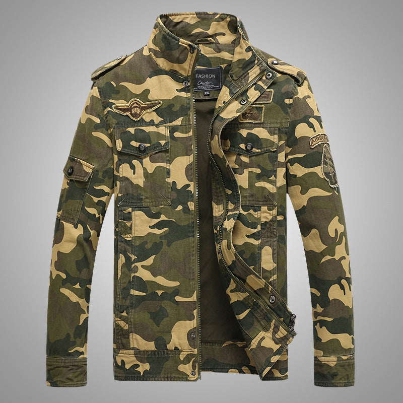 Men's camouflage field jacket made of durable canvas with epaulettes, multiple pockets and stand-up collar Mune Fashion