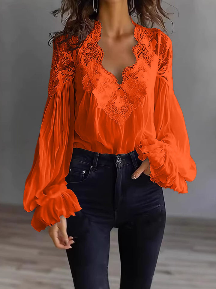Women's Chiffon Blouse with Lace V-Neck and Wide Pleated Sleeves Mune Fashion