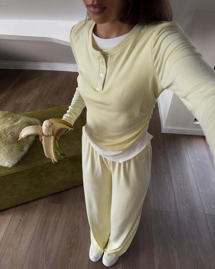 Women's loungewear set made of soft modal with Henley button placket and wide high-waist lounge pants Mune Fashion