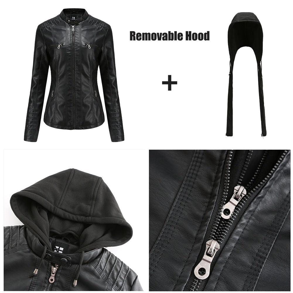 Women nan tailored faux leather jacket with hood, quilted arm flap and concealed zipper pockets Mune Fashion