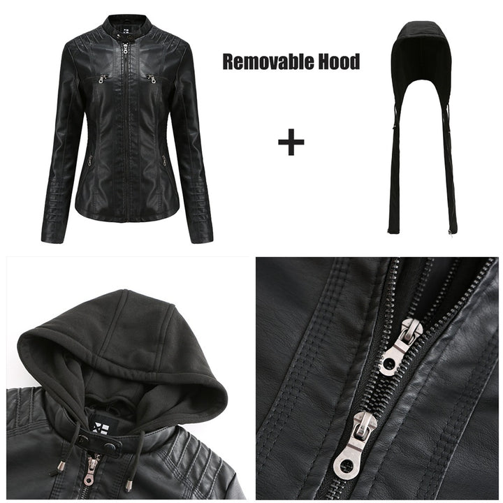 Women nan tailored faux leather jacket with hood, quilted arm flap and concealed zipper pockets Mune Fashion