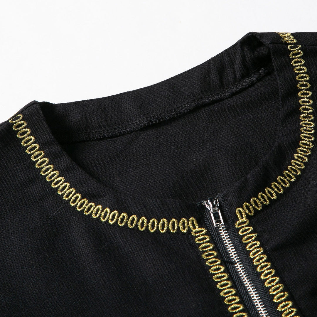 Men's Elegant Long Tunic with Round Neckline, Front Zipper and Golden Decorative Embroidery Mune Fashion