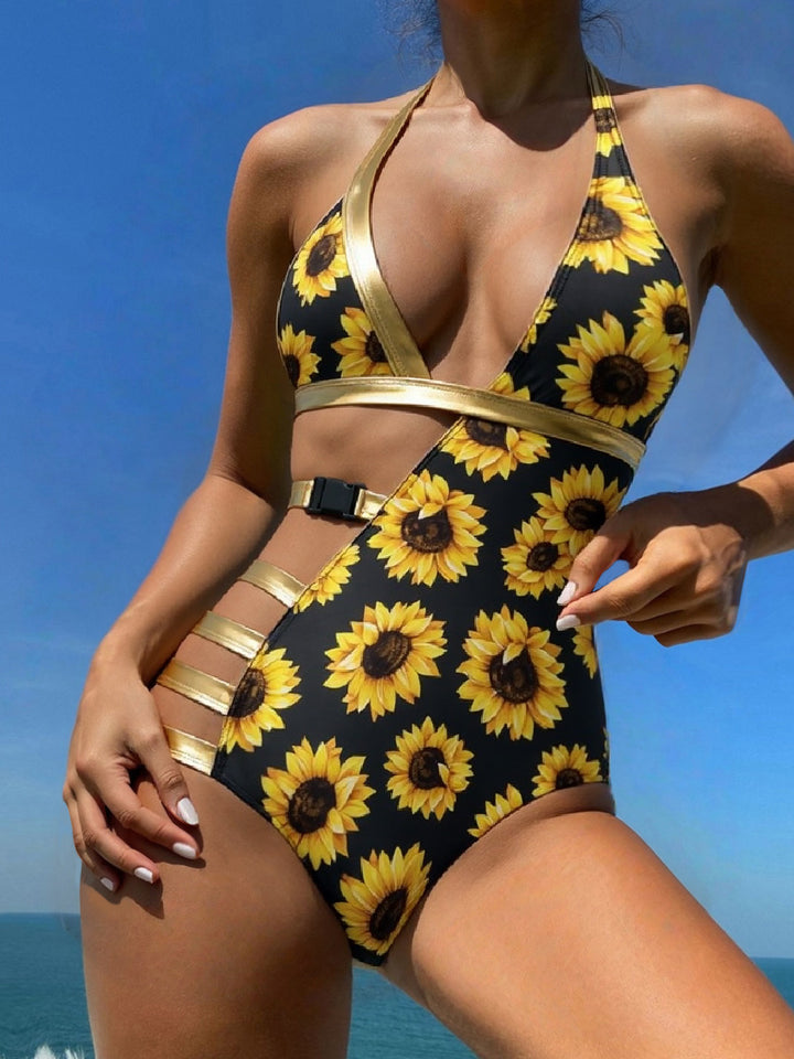 Women's One-Piece Swimsuit with Asymmetrical Cut and Golden Accents Mune Fashion